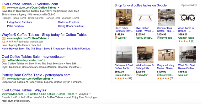 google ads search results oval coffee table