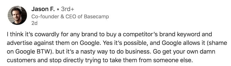 Jason Fried CEO Basecamp LinkedIn post on brand keyword bidding
