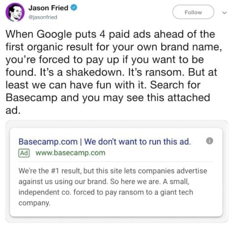Jason Fried CEO Basecamp Tweet on brand keyword bidding