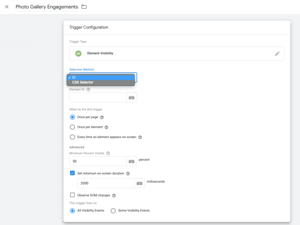 Google Tag Manager Element Visibility trigger settings.