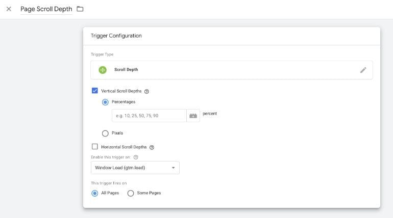 Google Tag Manager Page Depth trigger settings