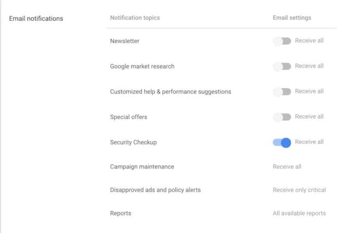 Email Notifications Google Ads Settings