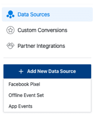 Facebook Ads Add a New Data Source dropdown menu