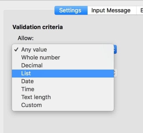 data validation options in excel