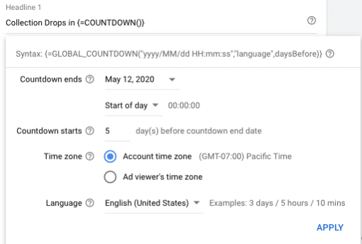 Screenshot of Google Ads Countdown Feature