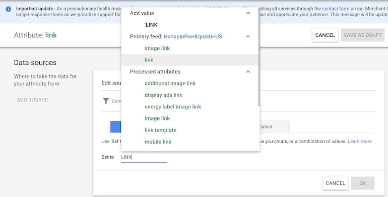 choose link in the add value dropdown