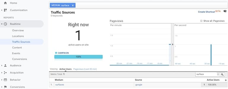 google analytics realtime traffic sources view - checking for utms