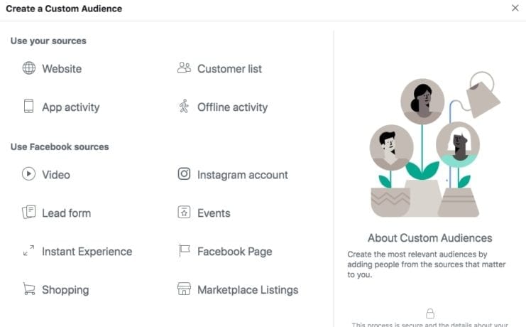 choose your source custom audiences facebook ads