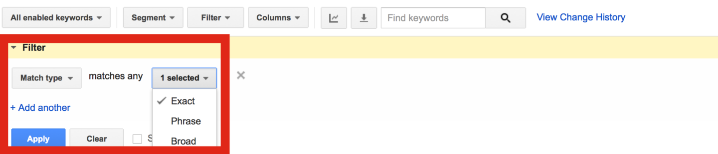 Match Type Keywords Filter Exact