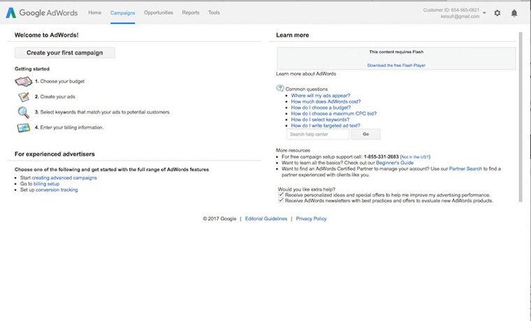 Google AdWords welcome screen